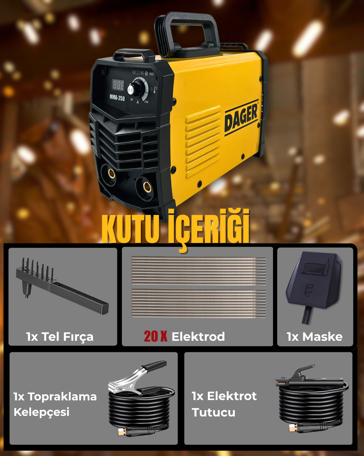 Dager MMA250 250 Amper Inverter Mini Çanta Kaynak Makinesi Seti | IGBT | Dijital Ekran | Elektrod + Maske + Eldiven