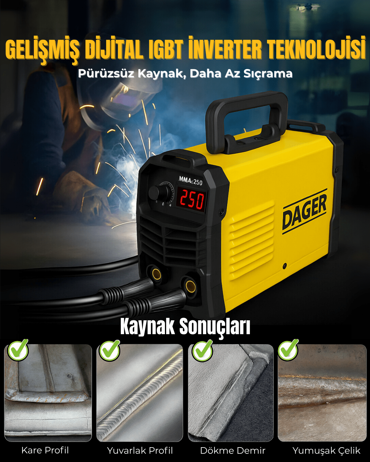 Dager MMA250 250 Amper Inverter Mini Çanta Kaynak Makinesi Seti | IGBT | Dijital Ekran | Elektrod + Maske + Eldiven - DAGER