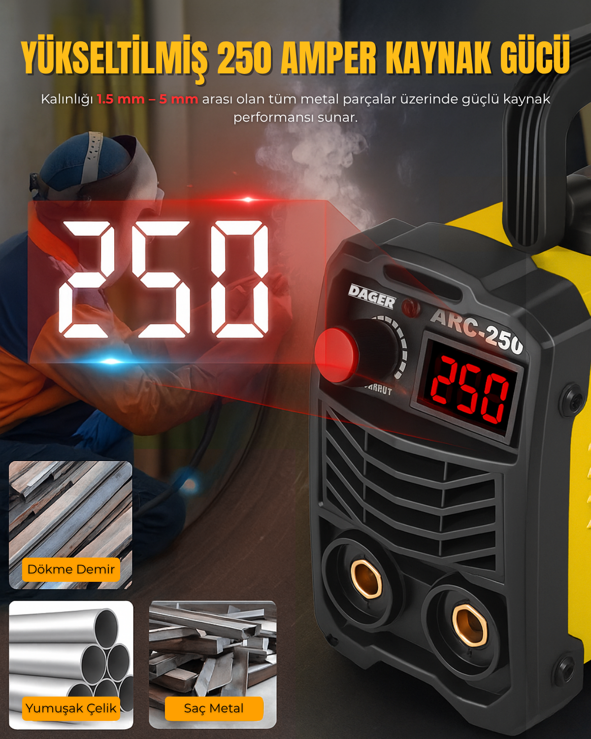 Dager MMA250 250 Amper Inverter Mini Çanta Kaynak Makinesi Seti | IGBT | Dijital Ekran | Elektrod + Maske + Eldiven