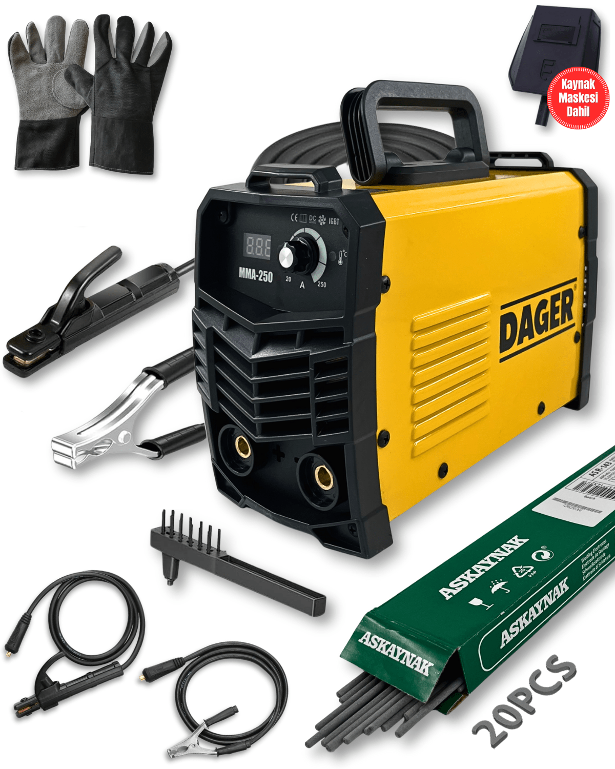 Dager MMA250 250 Amper Inverter Mini Çanta Kaynak Makinesi Seti | IGBT | Dijital Ekran | Elektrod + Maske + Eldiven - DAGER