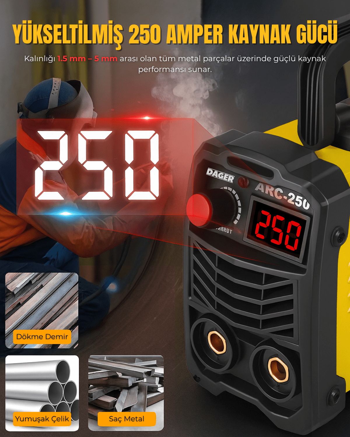 Dager MMA250 250 Amper Inverter Mini Çanta Kaynak Makinesi Seti | IGBT | Dijital Ekran | Elektrod + Maske + Eldiven - DAGER