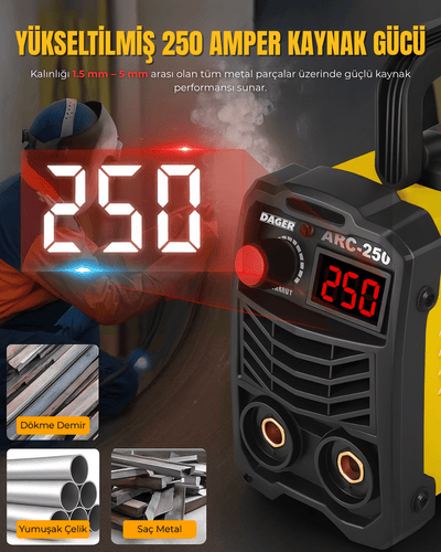 Dager MMA250 250 Amper Inverter Mini Çanta Kaynak Makinesi Seti | IGBT | Dijital Ekran | Elektrod + Maske + Eldiven - DAGER
